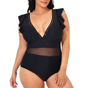 Black Ruffle Plunge V Neck One Piece Swimsuit Plus Size 3XL